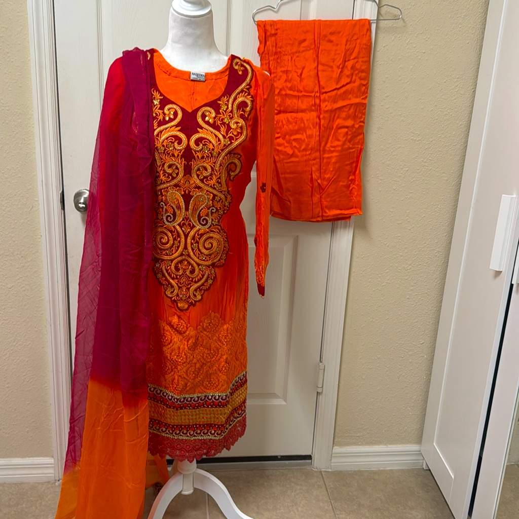 New Pakistani Indian Ethnic Shalwar Kameez Embroidery Work In Orange Color #505